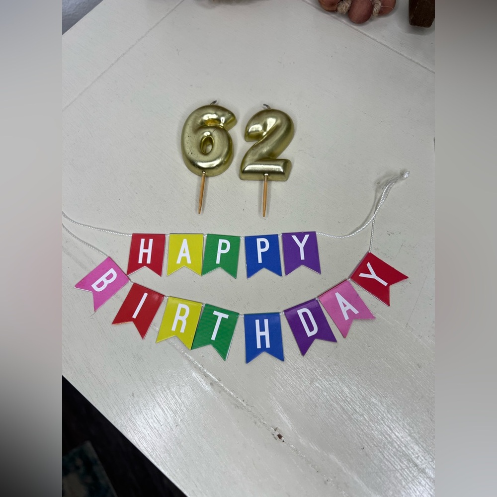 Brand New-HAPPY BIRTHDAY Cake Banner and “62” Gold Candles
